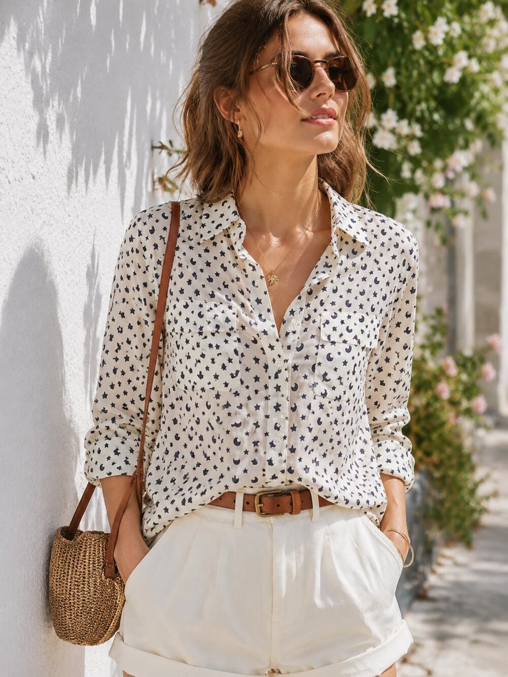 Equipment Femme SZ S 100% Silk Stars & Moon Button Front Blouse White Black Blue